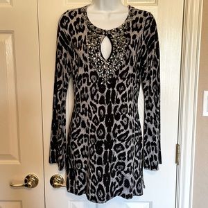 INC International Concept Cheetah Print Tunic Sweater, Embellished Key Hole Neck